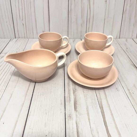 Vintage Grindley England Rose Leaf Pink Tea Set Cups Saucers Creamer 1930s 7pcs - Picture 1 of 16